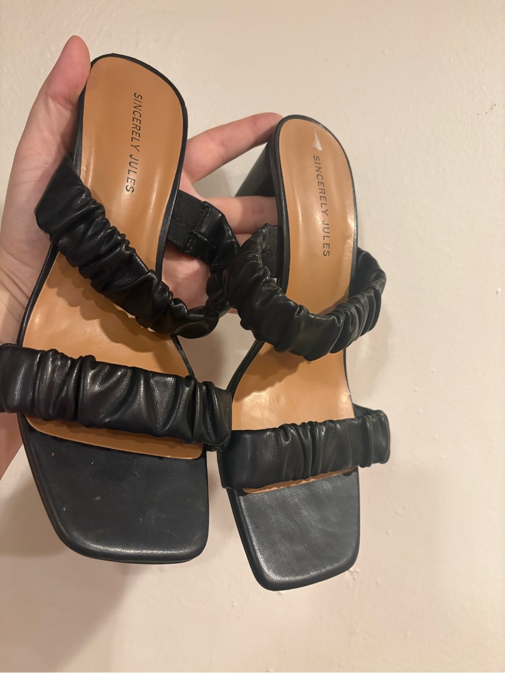 Sincerely Jules Black Ruched Double-Strap Slide Heels